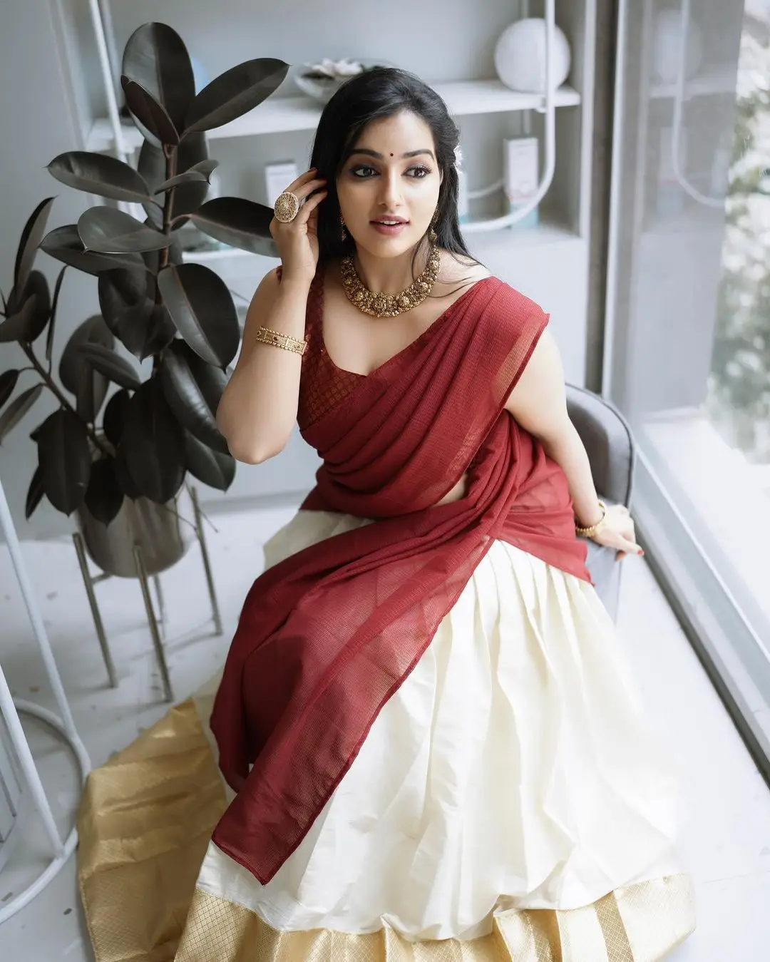 Malavika Menon In South Indian Traditional Red Half Saree Voni Blouse